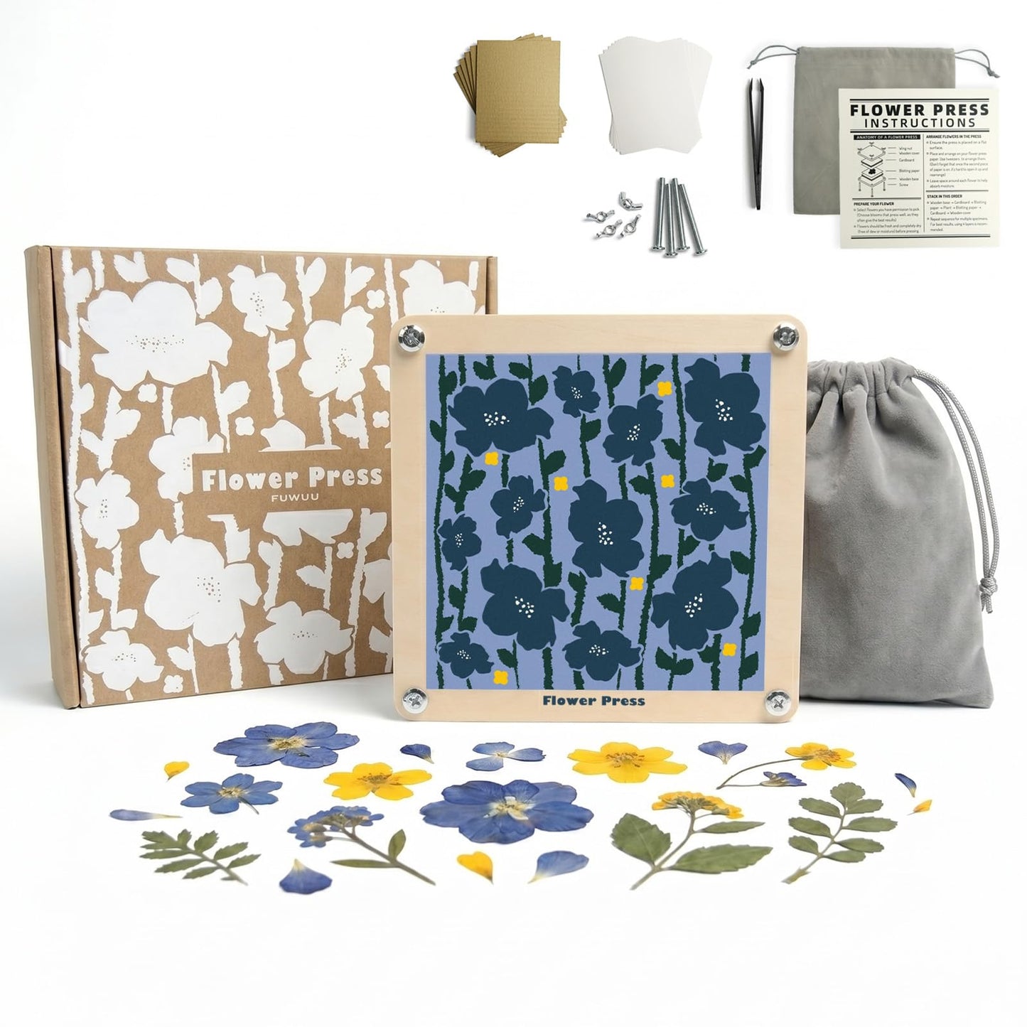 Fuwuu Flower Press Kit 7.1" - Medium Wooden Plant Pressing Book for DIY Art, Blue Camellia Design 6-Layer Leaf Flower Preservation Kit for Adults, Herbarium Scrapbooking Craft Gift