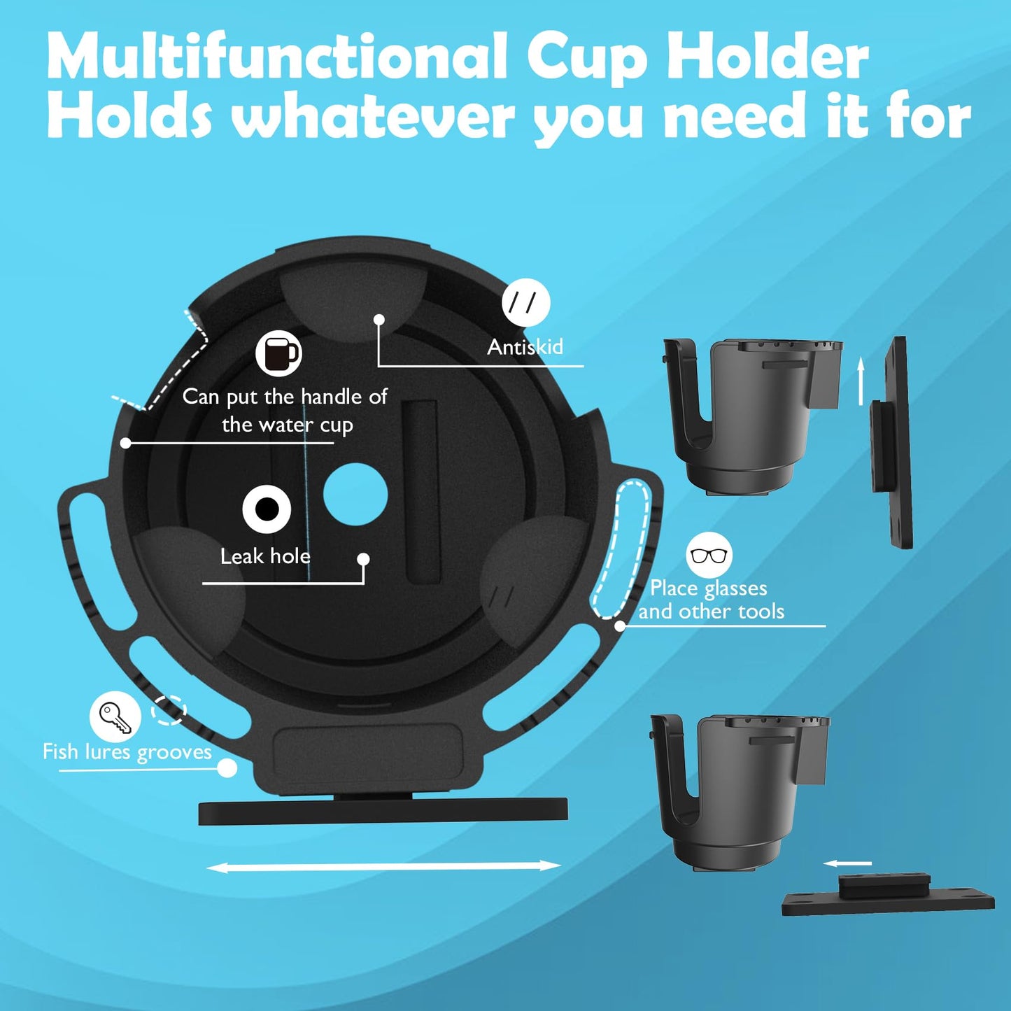EDSRDUX Universal Multi Size Wall Mount Cup Holder with Drainage Holes - Boat RV Shower Beer Can Holder, Silicone Anti-Slip Grip, Adhesive or Screw Install (Black-Large)