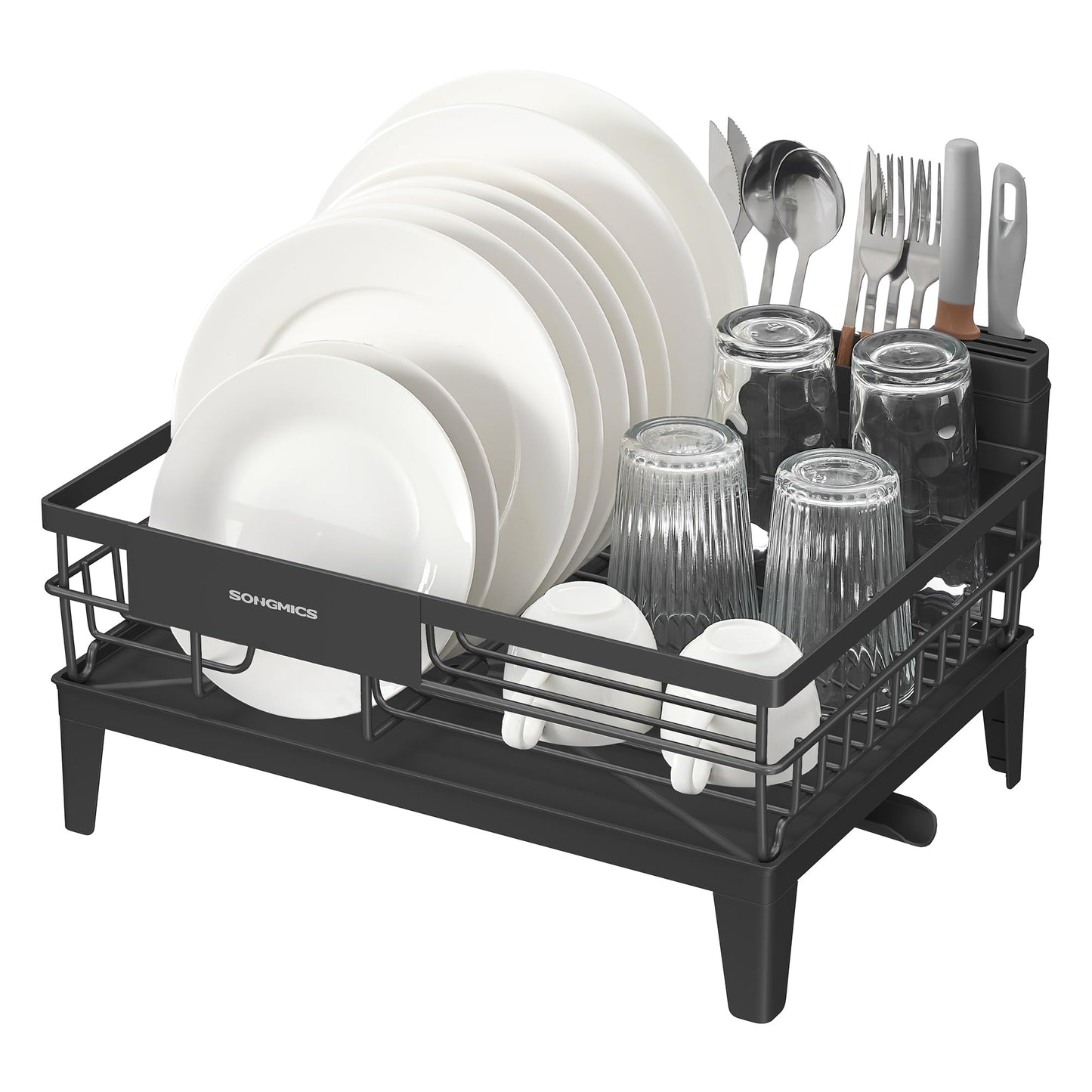 SONGMICS Dish Drying Rack, Kitchen Dish Rack with Drainboard, 360° Rotatable and Extendable Spout, with Cutlery Holder, 12.2 x 16.5 x 7.3 Inches, Ink Black UKCS550B01