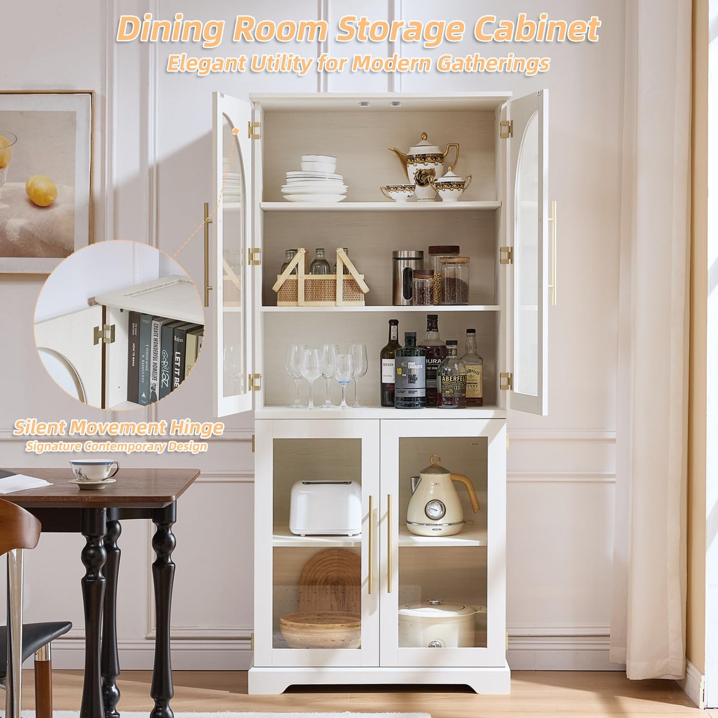 Joaxswe 72" Tall Bookshelf with 4 Curved Glass Doors, Farmhouse Bookcase with 3-Tier Adjustable Shelves, Modern Living Room Display Cabinet, Large Storage Cabinet for Home Office,Dining Room, White
