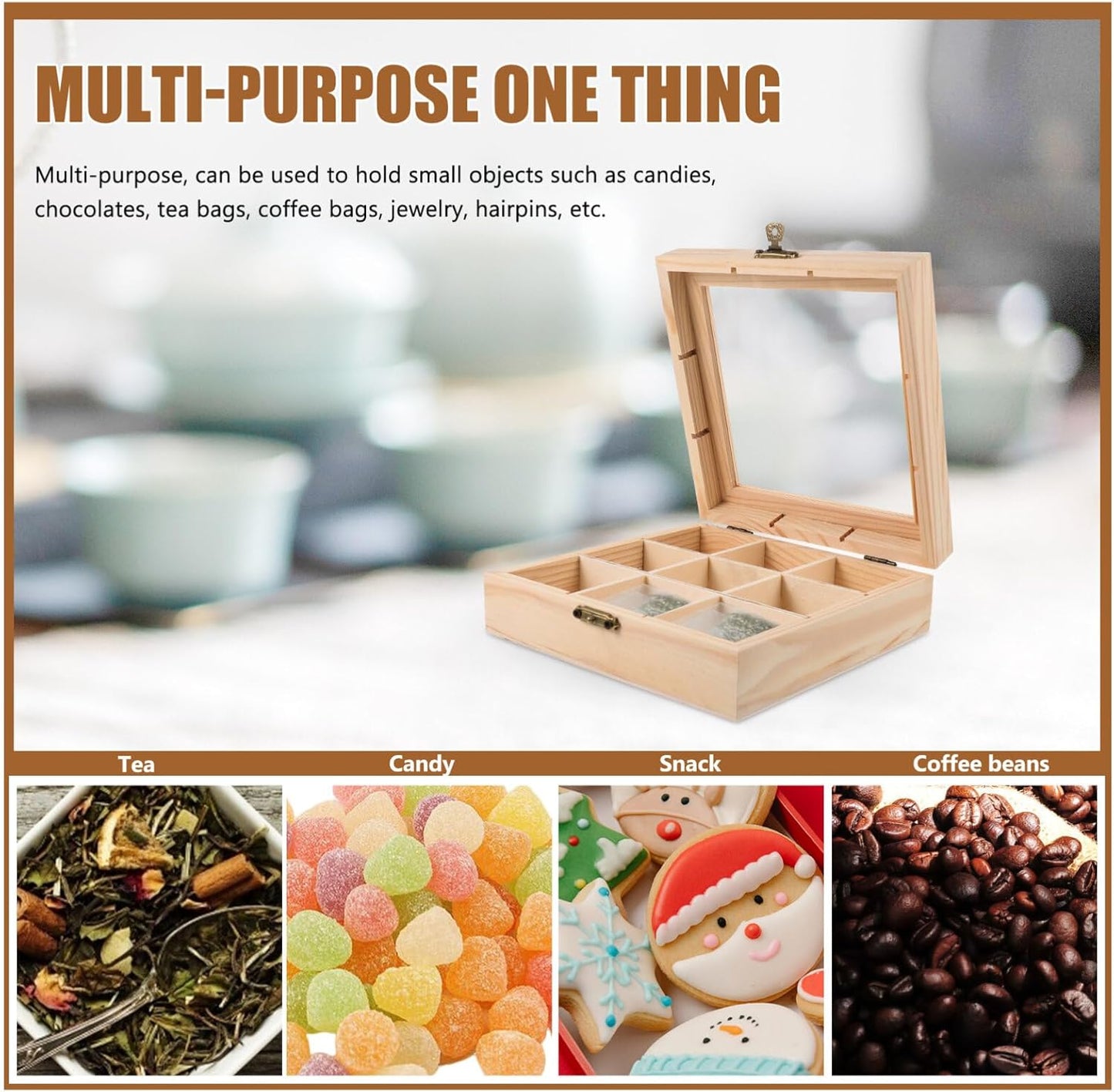Ciieeo Wood Tea Storage Organizer with Clear Acrylic Top, 9 Compartments for Tea Bag Storage