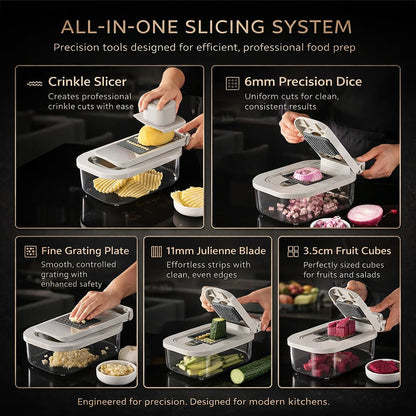 All-in-One Food Chopper & Mandoline Slicer, 9-in-1 Vegetable Chopper with Interchangeable Stainless Steel Blades, BPA-Free Manual Onion Dicer, Julienne & Grater with Container