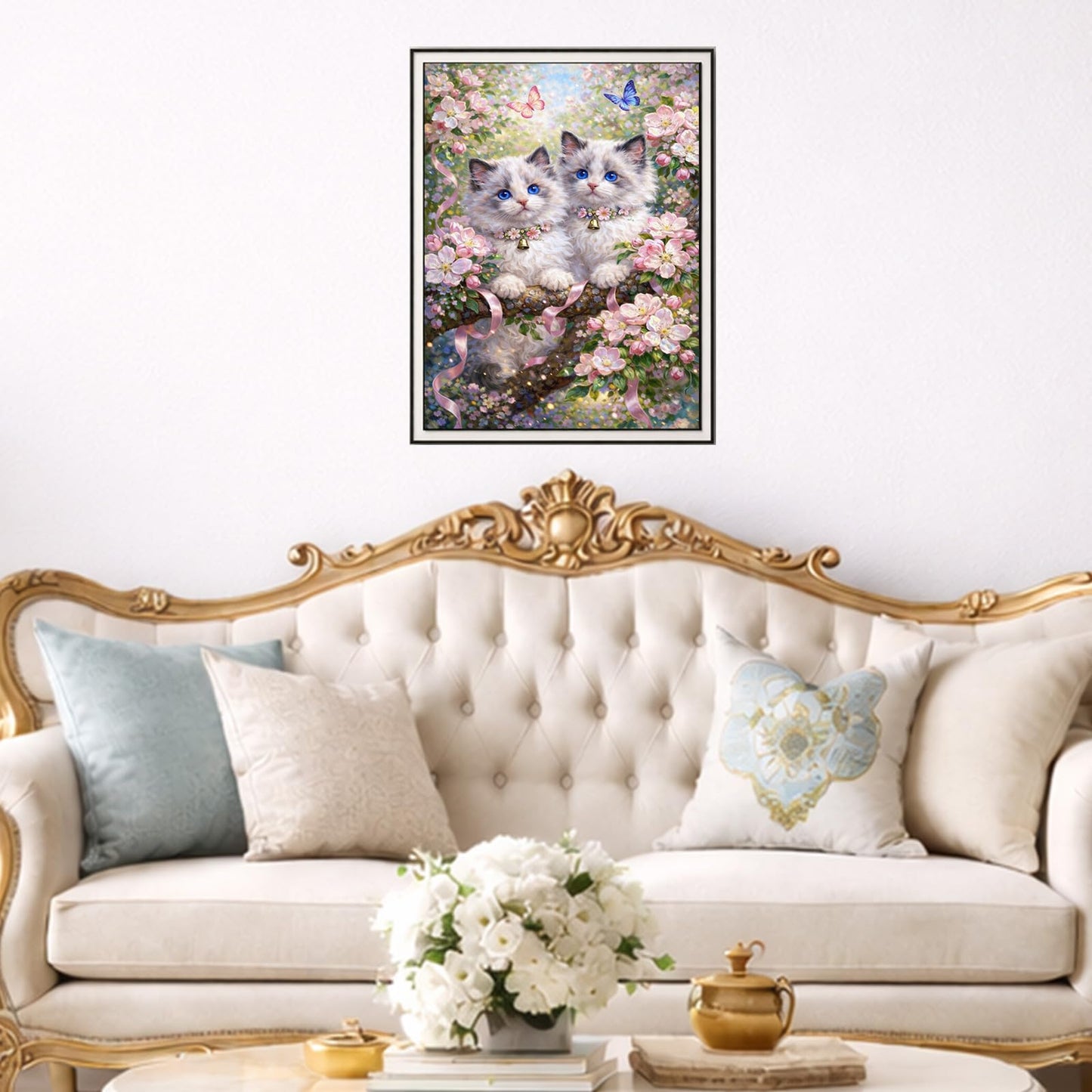 IOHEFY Cute Twin Kittens Diamond Painting 12 x 16 Inch Full Drill Acrylic Diamond Art DIY Crystal Rhinestone Cat Floral Butterfly Artwork Nano Pearlescent Canvas Wall Decor Gift