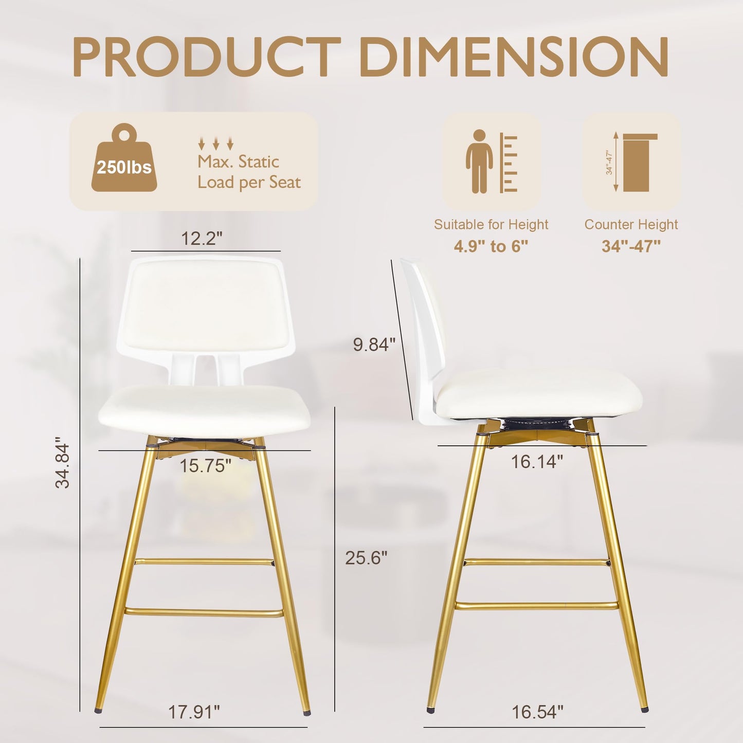 VECELO Swivel Upholstered Bar Stools Set of 4, Counter Height Barstools with Back, Metal Legs, 35.2-Inch Tall Barstools for Kitchen Island, Home Bar, Cafe, White