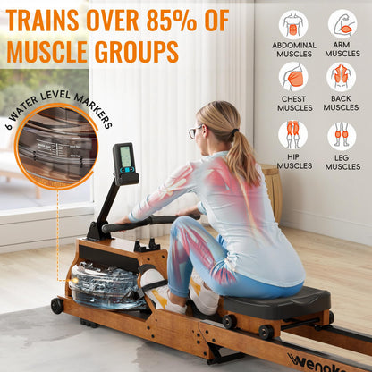 Water Rowing Machine for Home Use, WENOKER Foldable Wooden Rower Machine with Adjustable Monitor & Bluetooth APP, Large Water Tank & Comfortable Seat for Immersive Water Rower, 350LBS Weight Capacity