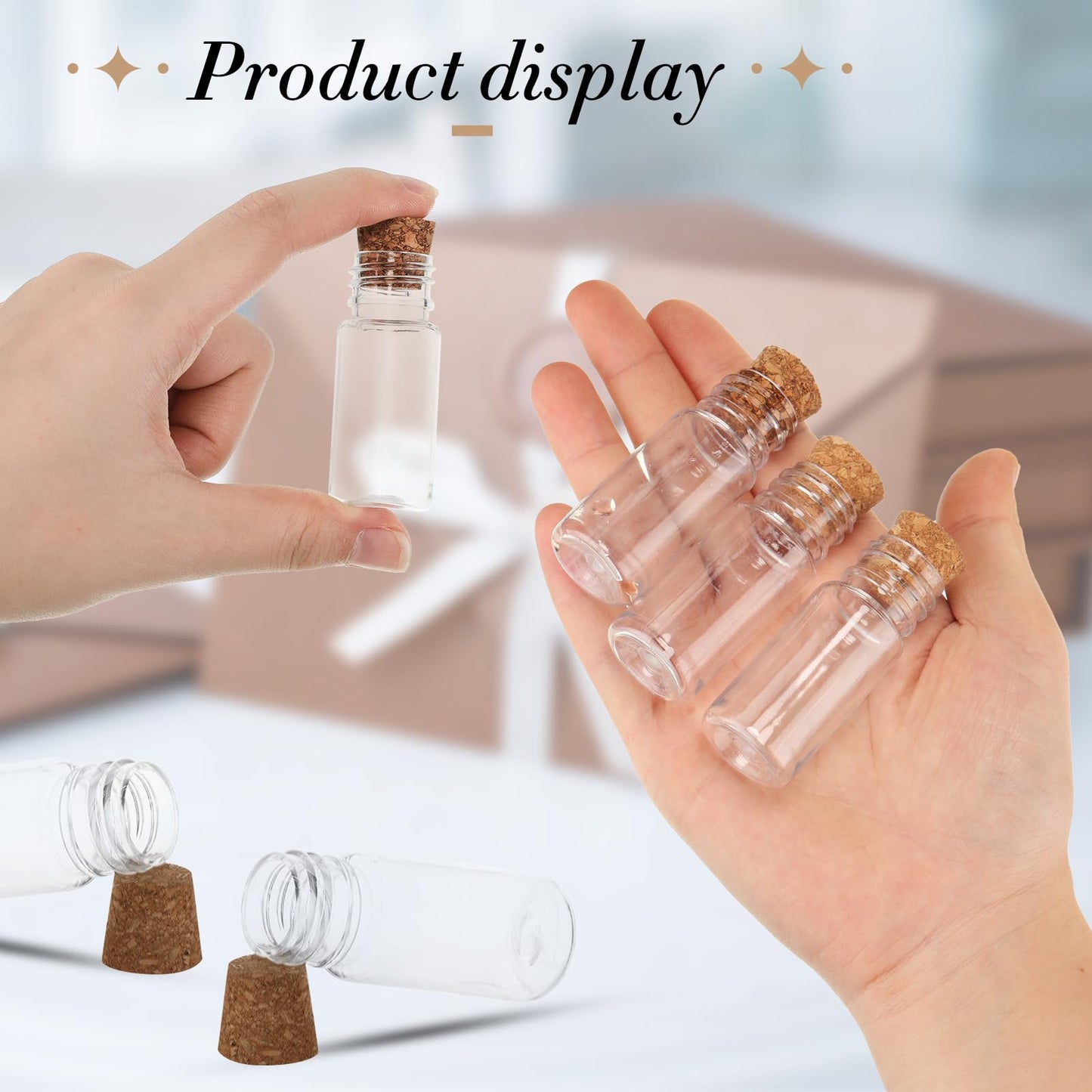 Bokon 50 Packs Mini Plastic Bottles with Corks Stoppers Eye Screws Funnels Small Potion Bottles Tiny Clear Sand Art Jar Wishing Vial for Birthday Party DIY Crafts Gift (1 x 2.28 Inch)