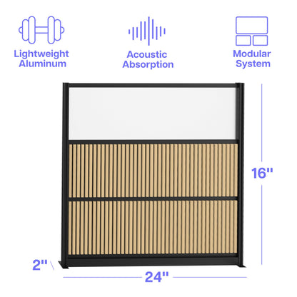 Room Divider for Office Privacy – Modular Freestanding Acoustic Office Partition with PET Sound Dampening Panels and Faux-Wood Slats, 70” x 70”, Grove Sound Dampening Wall, Black Frame, Easy Assembly