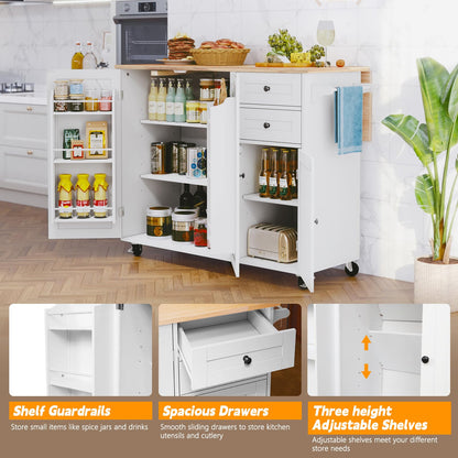 HLR Kitchen Island with Storage, White Rolling Kitchen Island on Wheels with Drop-Leaf Bar Countertop, Island Table for Kitchen with Side Open Spice Rack and Tower Rack, Extra Storage for Kitchen