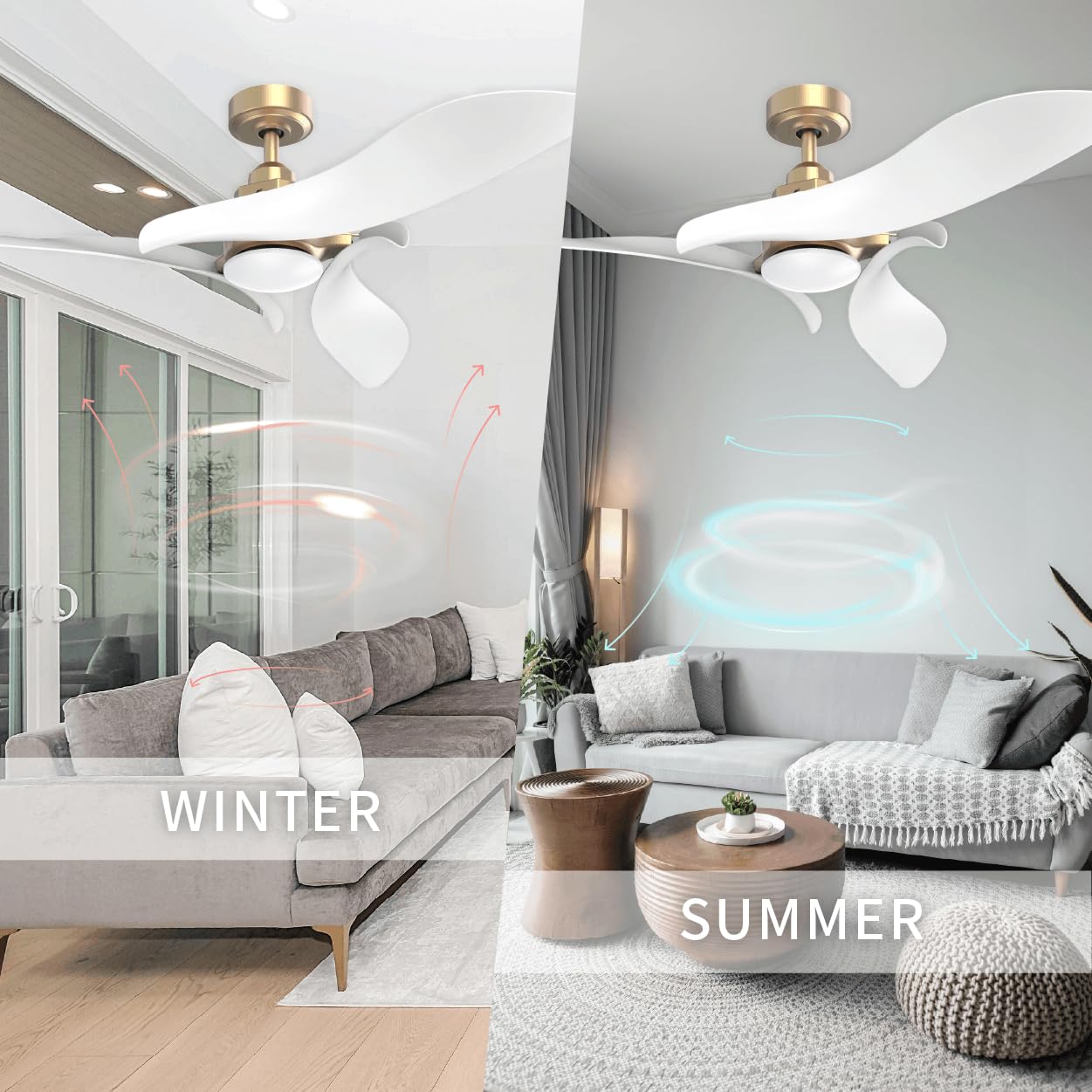 AEROFANTURE Gyro Ceiling Fans with Lights and Remote, 54 Inch Modern Bedroom Ceiling Fan with 3 Sculpted Blades, Reversible Ultra Quiet DC Motor, 3CCT Dimmable LED, 6 Speeds for Living Room Patio