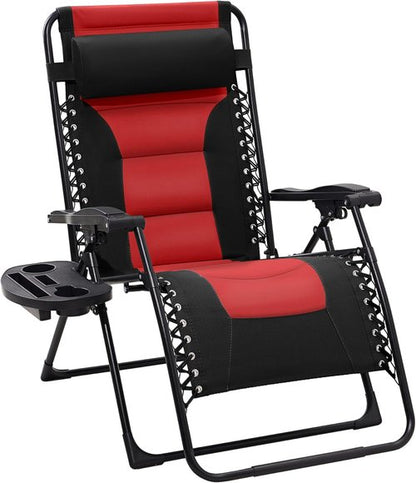 JEAREY Oversized Padded Zero Gravity Chair - Comfortable Folding Lounge Recliner with Headrest & Cup Holder | Black/Red