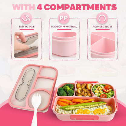 EASYFUN Bento Box Adult, Lunch Box, 4-Compartment Lunch Containers, Drop-Proof, Dishwasher Safe & Made with BPA-Free Materials (Pink)