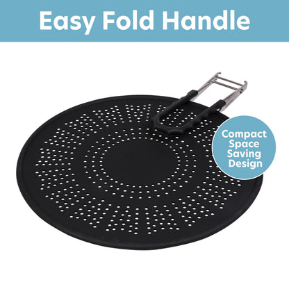 XL 11.5" Silicone Splatter Screen Shield- Multi Use Pan Cover with Foldable Handle & Built in Water Strainer- Protect from Oil, Grease with Shield Guard- Fits Most Kitchen Frying Pans, Heat Resistant