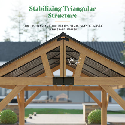 LUXOAK 13x15 FT Wood Gazebo, Hardtop Pergola with Steel Gable Roof, Outdoor Gazebo with Guest House for Garden, Porch, Patio, Black + Natural Wood