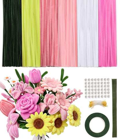 772PCS Complete Pipe Cleaner Flower Kit Pipe Cleaners Bulk Craft Supplies Chenille Stems Flower Making Kit with Instruction Floral Wires Tape for Festival Home Decorations, Art Supplies