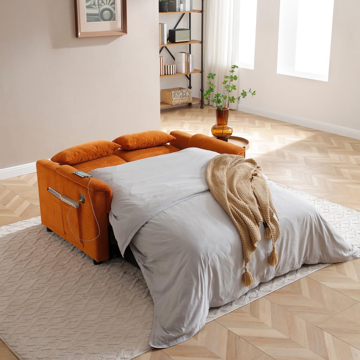 55" Convertible Futon Sofa Bed, Velvet 3 in 1 Sleeper Sofa, Pull Out Couch with USB Ports & 2 Waist Pillows, Adjustable Backrest Loveseat Sofa, Couches for Living Room, Apartment, Bedroom, Tangerine