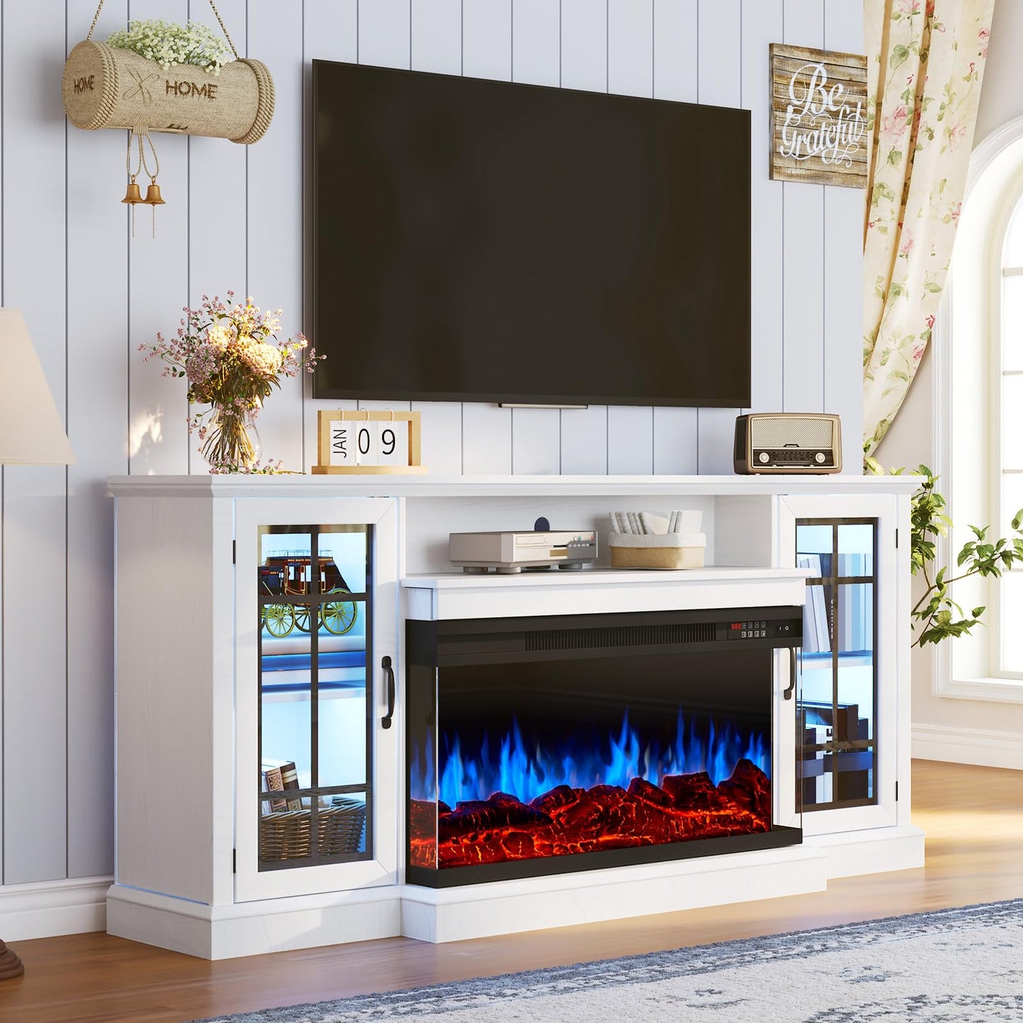 OneBlis 70 Inch Fireplace TV Stand for TVs up to 80", Rustic Media Entertainment Center Console Table with Glass Door Closed Storage, 3-Sided Glass Fireplace, White