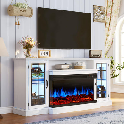 OneBlis 70 Inch Fireplace TV Stand for TVs up to 80", Rustic Media Entertainment Center Console Table with Glass Door Closed Storage, 3-Sided Glass Fireplace, White