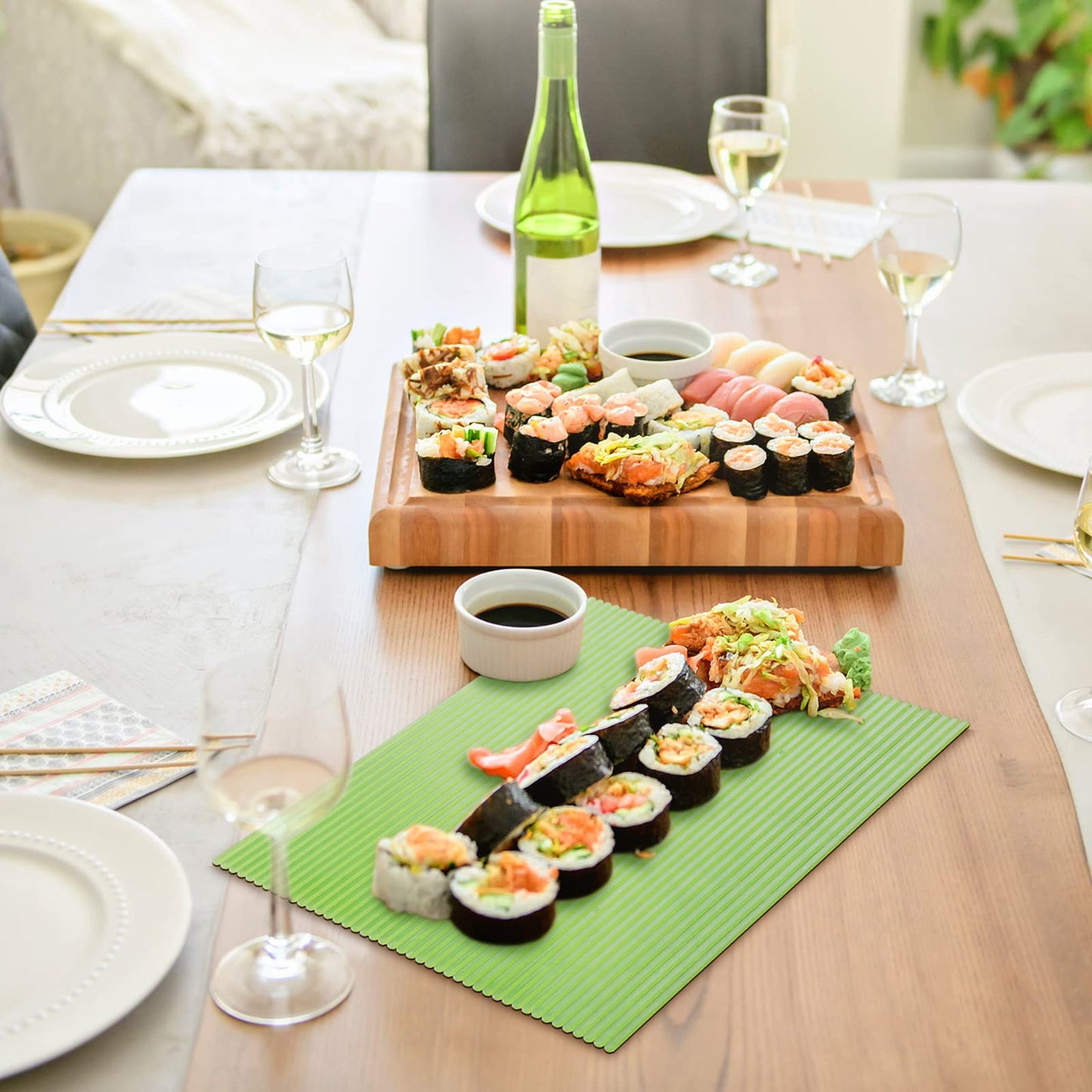 Hoolerry 3 Pieces Kitchen Sushi Rolling Mat Non Stick Japanese Plastic Sushi Plates Making Kit Rolling Maker Homemade for Kitchen Home Cooking DIY(Green)