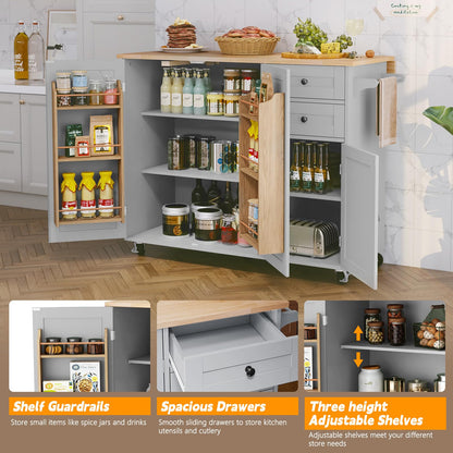 HLR Kitchen Island with Storage, Grey Rolling Kitchen Island on Wheels with Drop-Leaf Bar Countertop, Prep Table with Side Open Spice Rack and Tower Rack, Home Bar Carts with Storage