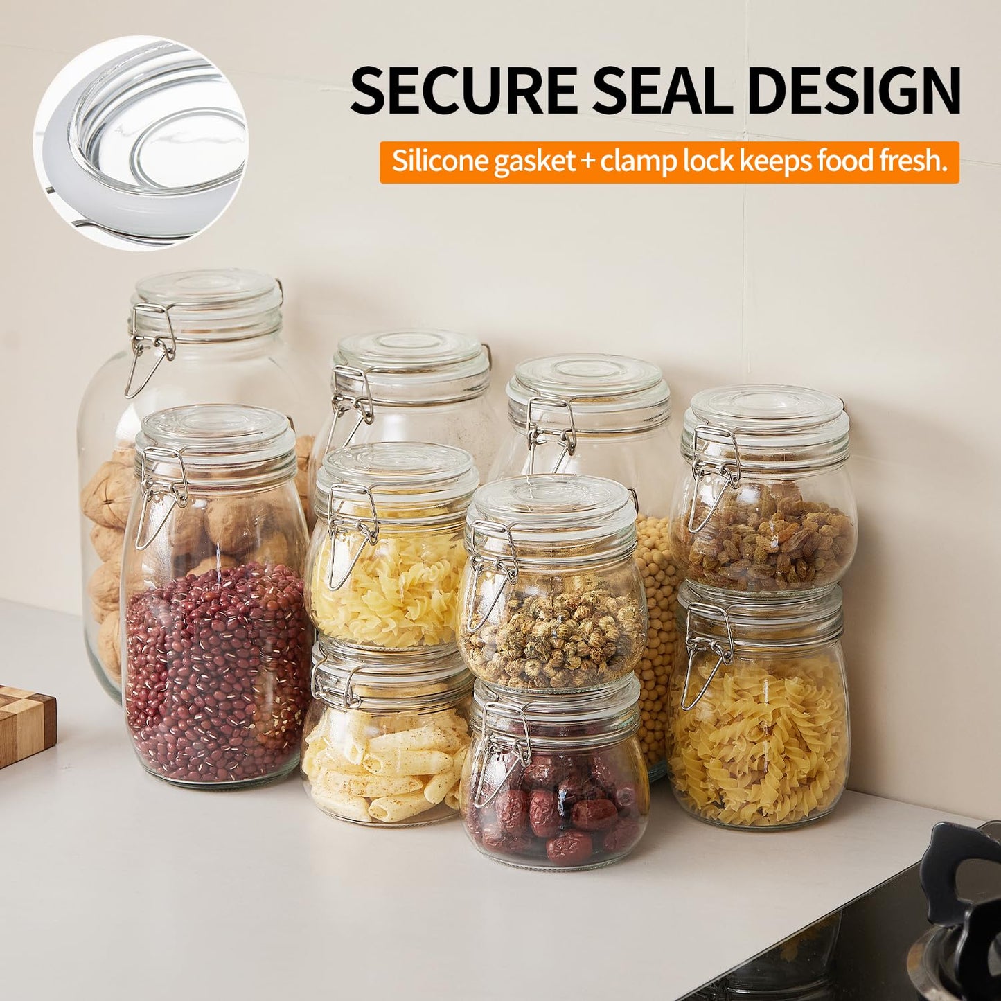 6 Pack 17oz Food Storage Jars with Airtight Lids, Preserving Seal Wire Clip Fastening Glass Containers, Canisters for Kitchen Organization, Flour, Cereal, Pasta, Sugar, Beans, Pickling Jars (17 Oz*6)