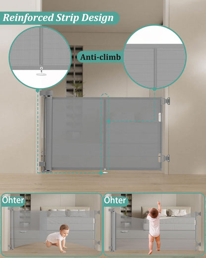 Miumoon 59 inch Retractable Baby Gates 34 inch Tall, Retractable Gate with Reinforced Strip Design to Prevent Crawling Through, 5 FT Retractable Dog Gate for Stairs, Doorways, Hallways, Indoor/Outdoor