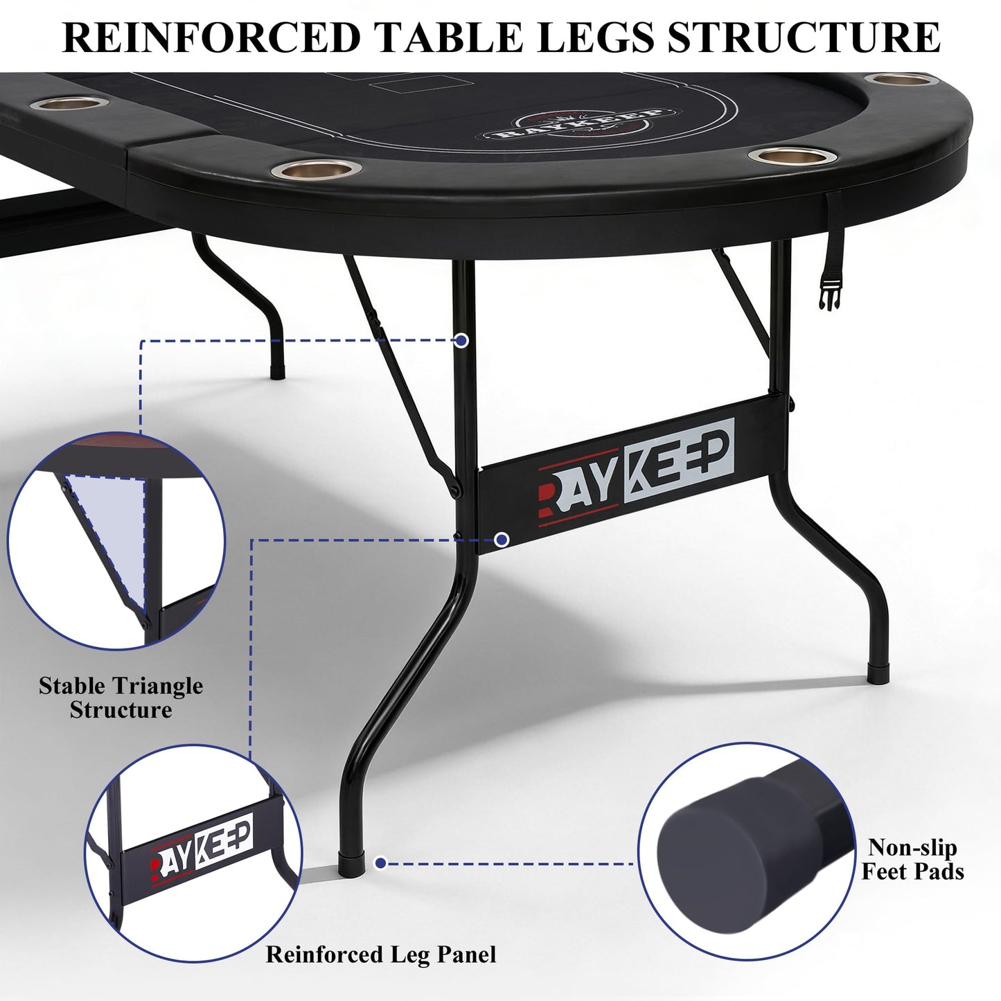 RAYKEEP 84" Poker Table for 10 Players, Foldable Texas Holdem Table with Padded Rails & 10 Cup Holders, Portable Casino Board Game Table for Game Room, Blackjack, Party (Black)