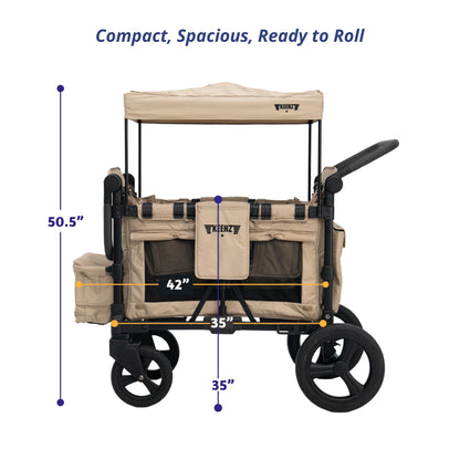Keenz MOOV 4-Passenger All-Terrain Stroller Wagon with Reclining Seats, Built-in Cooler, Push/Pull Handle, Rubber Wheels, and Activity Tray – Foldable Wagon for Four Kids, Mocha