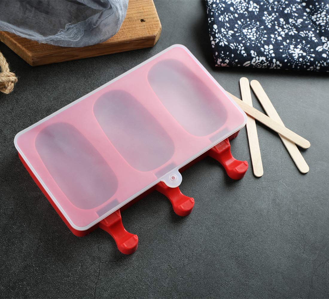 Mirenlife 3 Cavities Silicone Popsicle Molds with Lid, BPA Free Homemade Ice Cream Bar Mold Ice Pop Molds DIY Cakesicle Molds Silicone with 50 Wooden Sticks, Set of 2 (Oval)