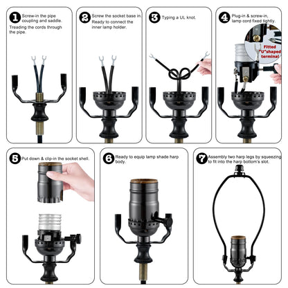 Lamp Making Kit,Make a Lamp or Repair Kit,3-Way Lamp Socket with Matching Cord Lamp Harp Set,Lamp Wiring Kit for Table Floor Lamp,Essential Hardware for DIY Lamp Design or Repair (Black, 1)