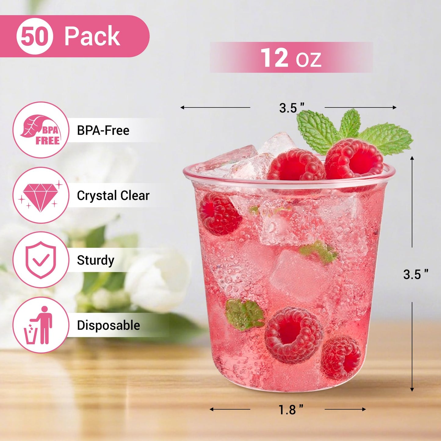 Soelomu 12 oz Pink Plastic Cups, 50 Pcs Disposable Stemless Wine Glasses Cocktail Party Cups for Mother's Day Wedding Birthday Meeting Gathering