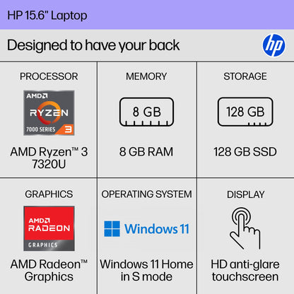 HP 15.6 inch Laptop, HD Touchscreen Display, AMD Ryzen 3 7320U, 8 GB RAM, 128 GB SSD, AMD Radeon Graphics, Windows 11 Home in S Mode, Natural Silver, 15- fc0099nr