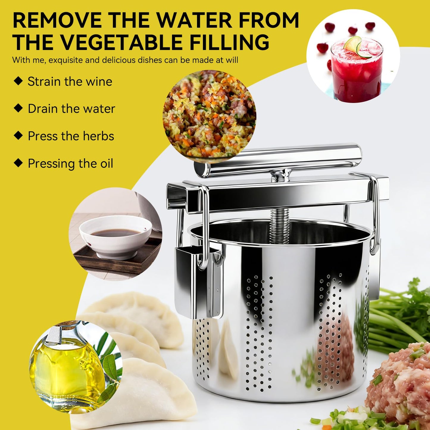 SQUEEZE master Stainless Steel Manual Vegetable Squeezer & Cheese Press,Food Press for Dumpling Filling, Spinach, Tofu, Herb & Fruit Juice-0.5 Gallons