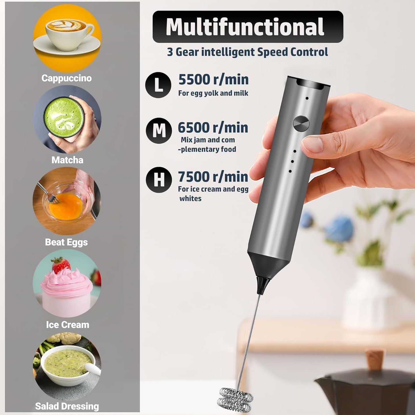 Handheld Electric Milk Frother, Type C Rechargeable Blender, 3 Mixing Speeds, Mini Beverage Blender with 2 Whiskers
