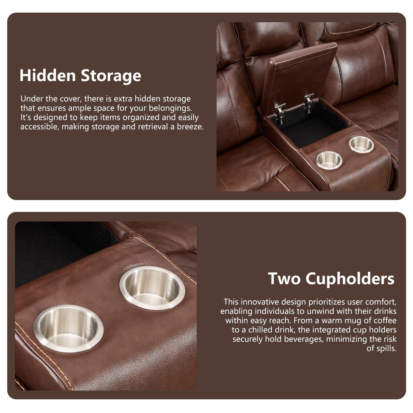 EBELLO Genuine Leather Recliner Sectional Sofa Set, Manual Reclining Corner Couches with Storage Console and Hidden Cup Holders, Extra Wide Footrest for House/Living Room, Brown