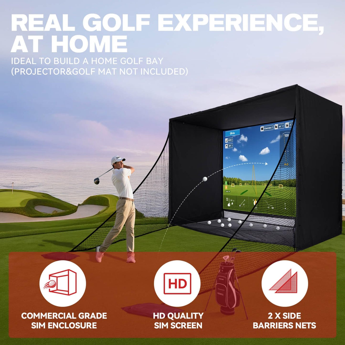 ZEALFEEL Golf Simulator Enclosure, 11x8FT Golf Net with HD Impact Screen & Side Barriers – Dual-Layer Impact Screen, Foam-Padded Frame, Indoor Cage Net for Home Garage Studio