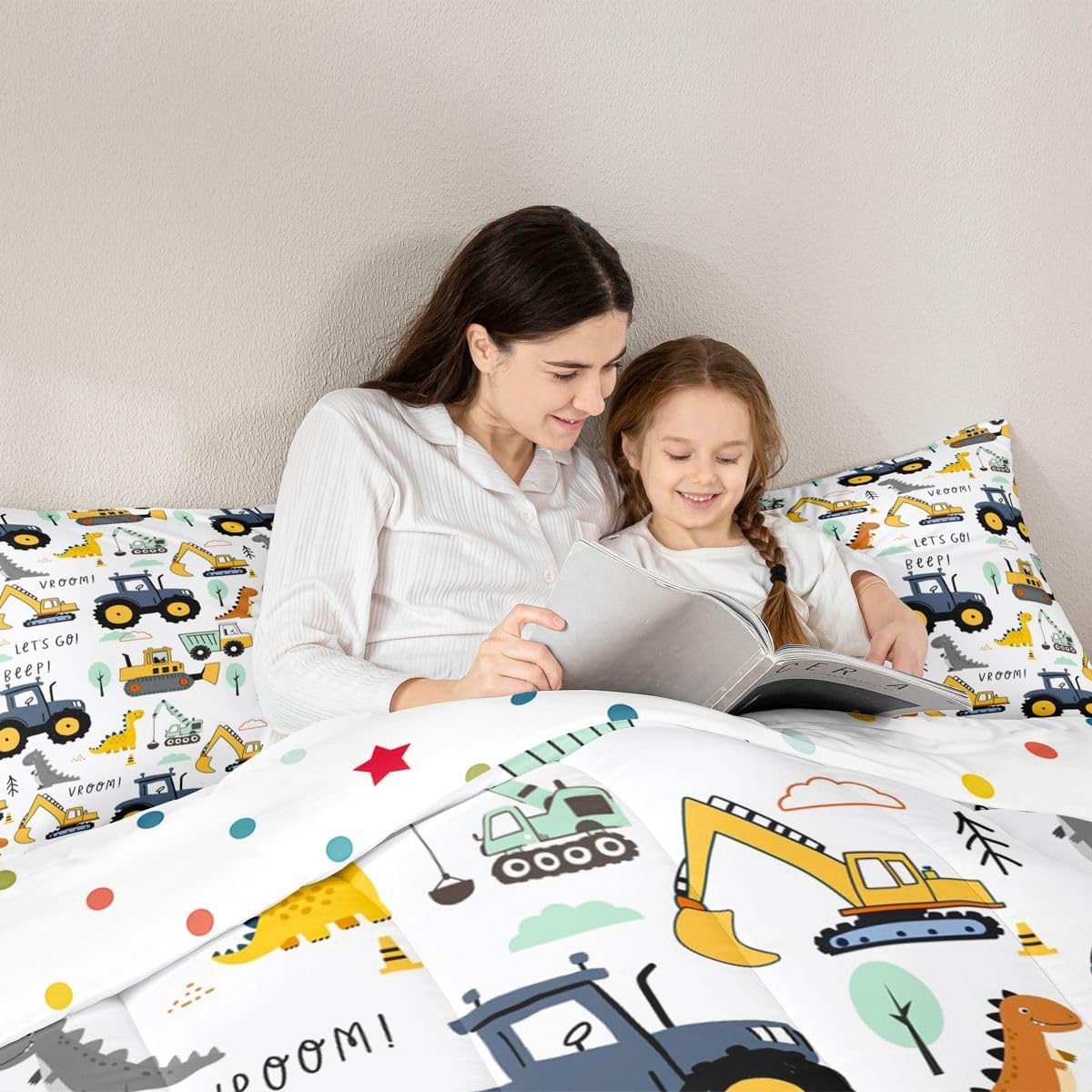 Set Set Kids Excavator Comforter Full, Cartoon Equipment Trucks Bedding for Boys Girls Children, Dinosaur Duvet Insert