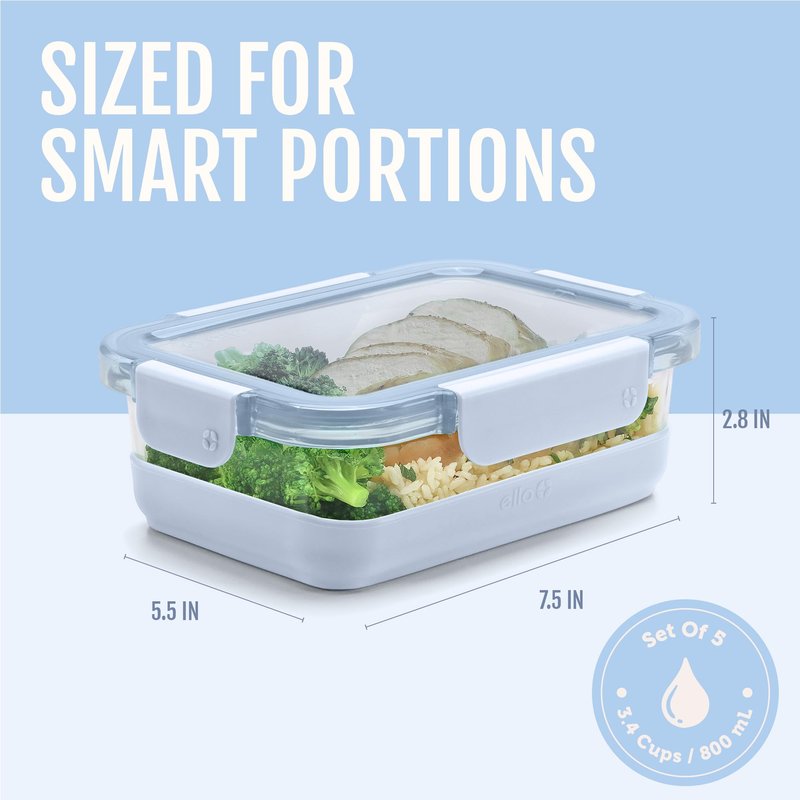 Ello Duraglass 3.4 Cup Meal Prep Sets 10Pc, 5 Pack Set- Glass Food Storage Container with Silicone Boot and Airtight BPA-Free Plastic Lids, Dishwasher, Microwave, and Freezer Safe, Halogen Blue