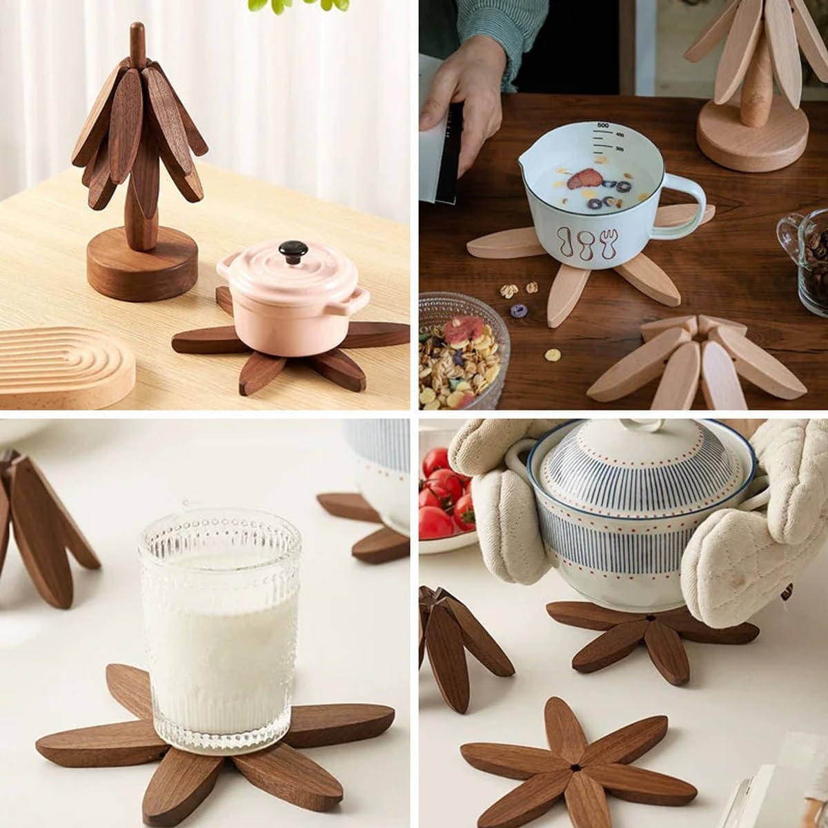 Wood Natural Tree Trivet Set, Christmas Tree Shape Trivets for Hot Dishes, 3-Piece Wooden Set with Stand for Pots, Bowls, Teapots (Dark Brown)