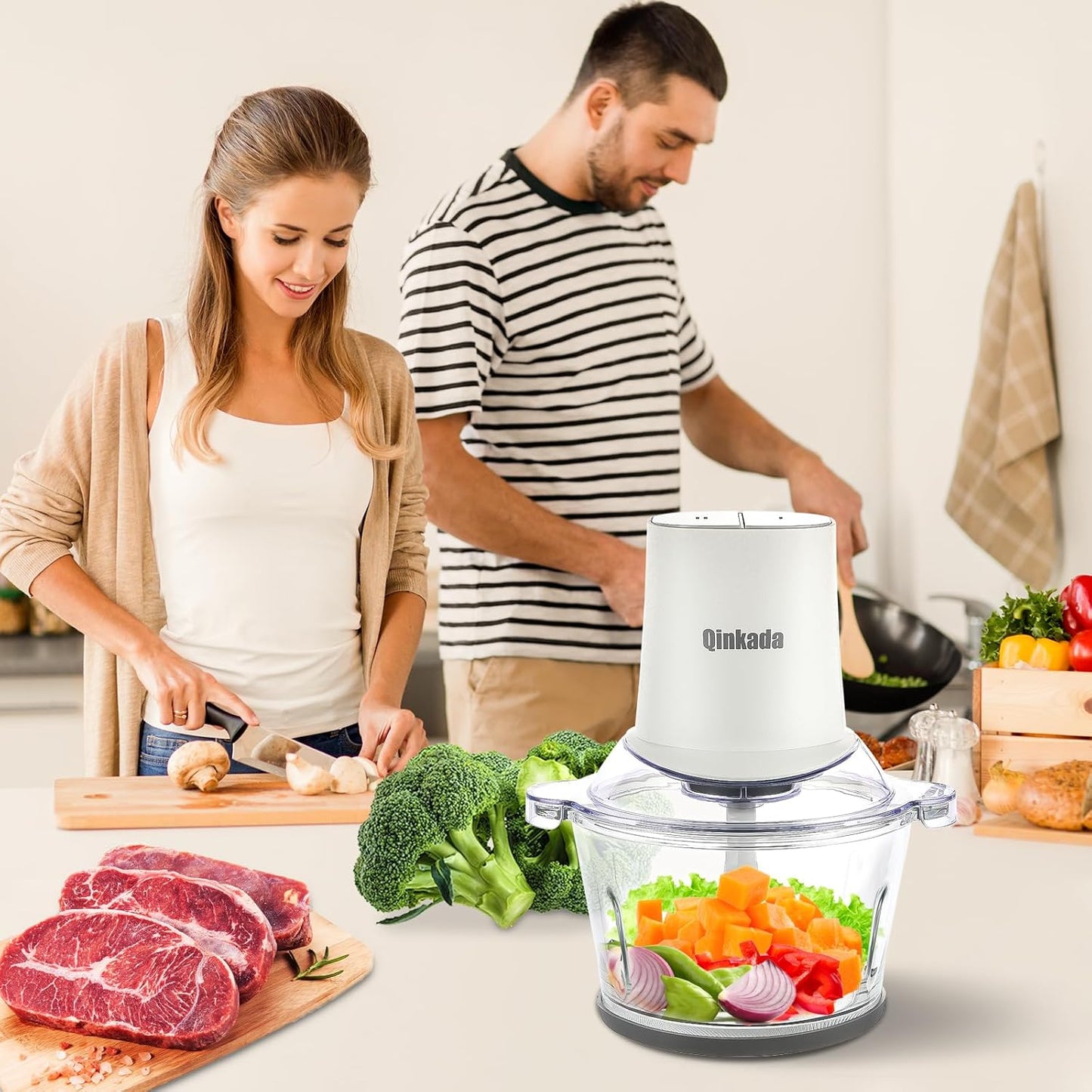Food Processor Electric with 2 Bowls, 400W Meat Grinder, 8Cup Glass & 304 Stainless Steel, 2 Blades, Spatula (White)