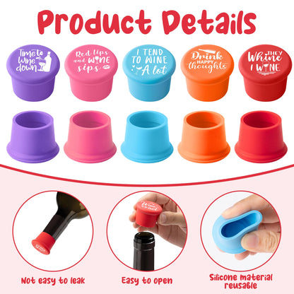 GROBRO7 10Pcs Wine Stoppers Set Funny Live Love Wine Pattern Silicone Bottle Covers Gift for Women, Reusable Beverage Corks Strong Sealing Liquor Accessories for Outdoor Picnic Barbecues Party Bars