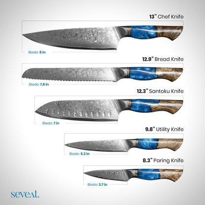 Seveat Damascus Kitchen Knife Set | 67-Layer Damascus Steel | Professional Japanese Chef Knife Set | Ergonomic Wood & Resin Handle | Gift Box Included (Blue, 5-Piece Set)