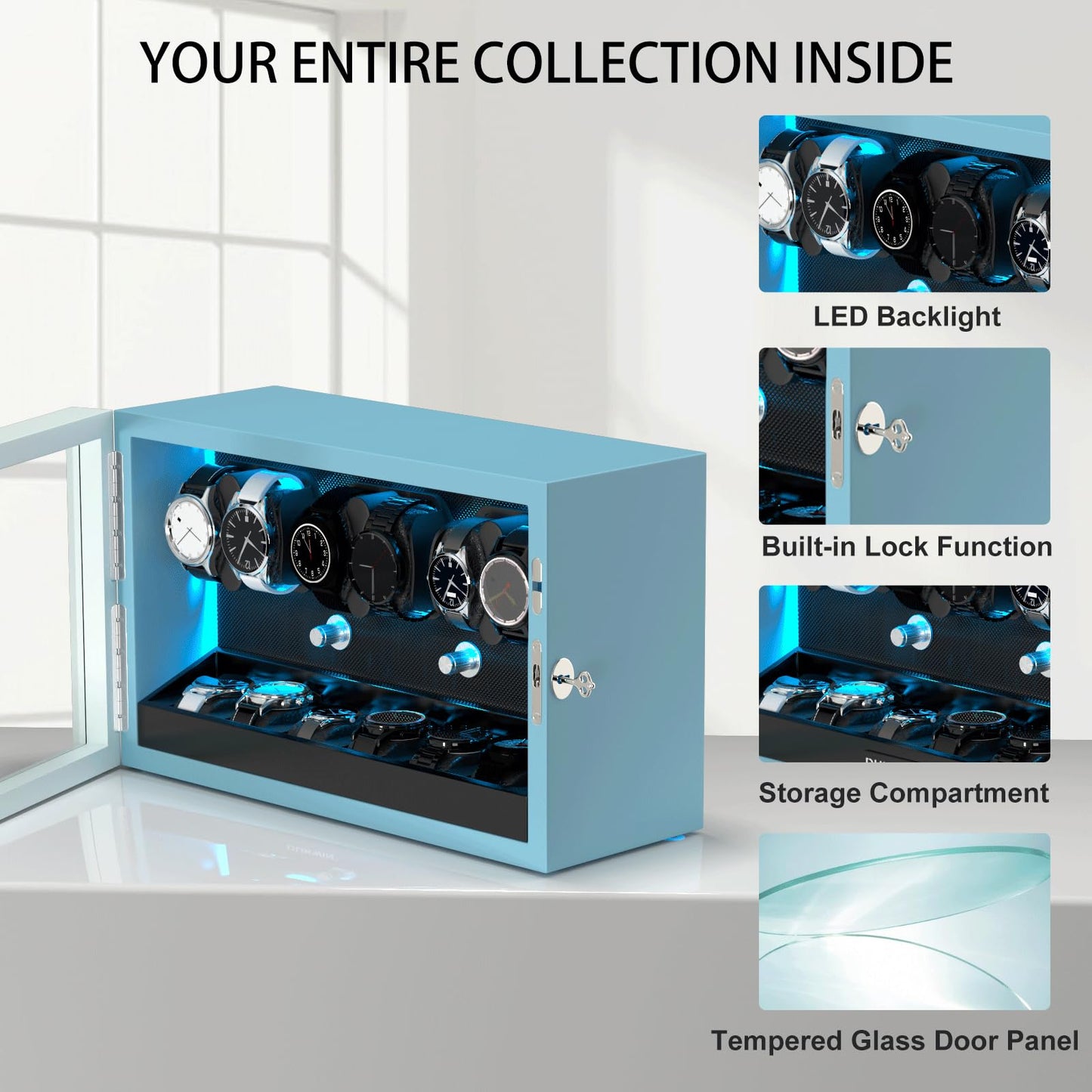 XTELARY Watch Winder for 6 Automatic Watches, Blue Lockable Automatic Winders with Extra 6 Watch Storages, 4 Rotation Modes, Flexible Watch Pillows, Quiet Mabuchi Motor, and Blue Backlight