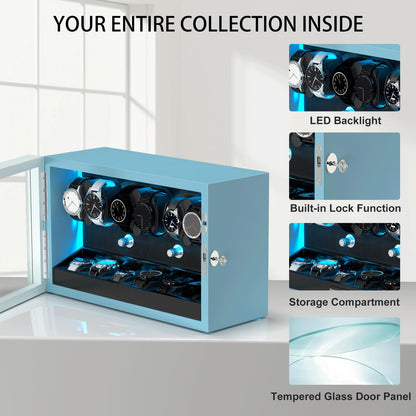 XTELARY Watch Winder for 6 Automatic Watches, Blue Lockable Automatic Winders with Extra 6 Watch Storages, 4 Rotation Modes, Flexible Watch Pillows, Quiet Mabuchi Motor, and Blue Backlight