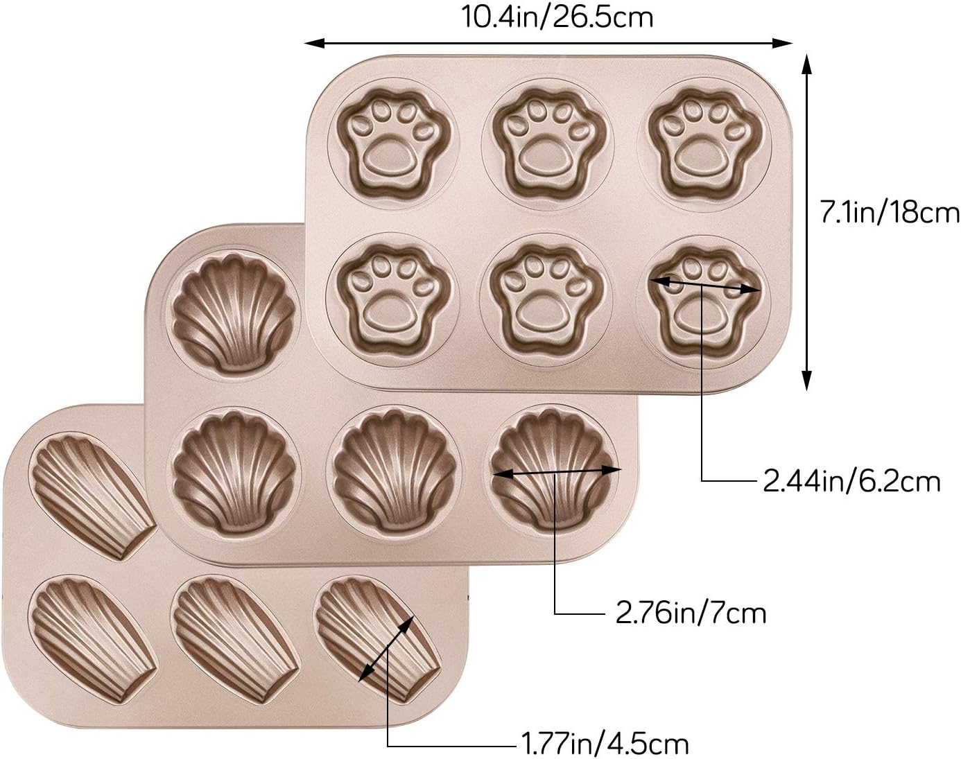 Beasea 3 Pack Madeleine Pans, 10x7 Inch Nonstick Cat Shaped Cake Cookies Pan for Baking