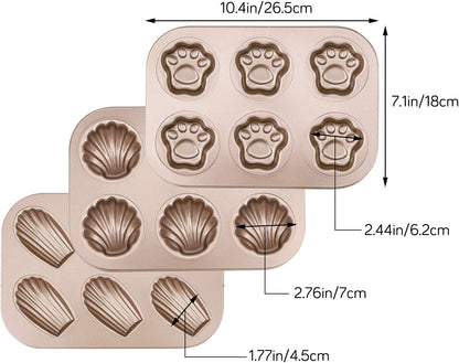Beasea 3 Pack Madeleine Pans, 10x7 Inch Nonstick Cat Shaped Cake Cookies Pan for Baking