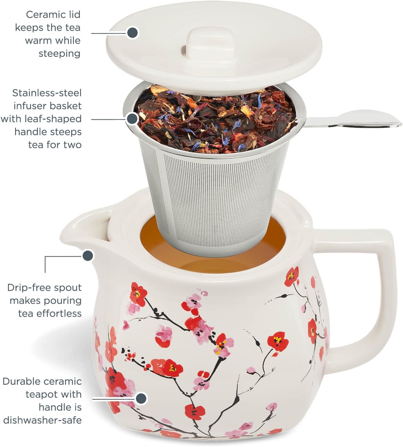 24 oz. Tea Forte Fiore Sakura Cherry Blossom Ceramic Teapot with Removable Stainless Steel Infuser Basket and Lid