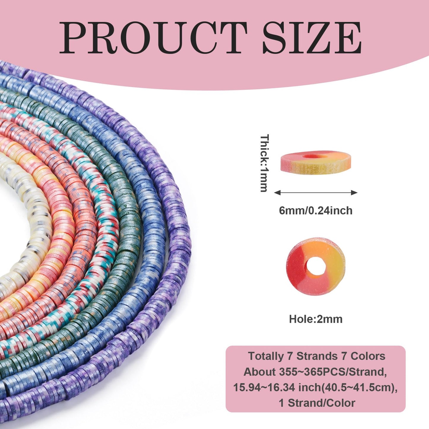Pandahall 7 Strands 6mm Flat Polymer Clay Beads Speckled Vinyl Heishi Beads 7 Colors Pearlized Colorful Disc Clay Spacer Beads for Friendship Bracelet Necklace Earring Making