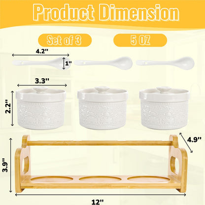 Acshio 10 Pack Sauce Serving Dish, 5 Oz Ceramic Chip Dip Sauce Bowls with Spoons Lids for Party, 3 Condiment Seasoning Jars with Bamboo Tray for Snacks, Appetizers, Sauces