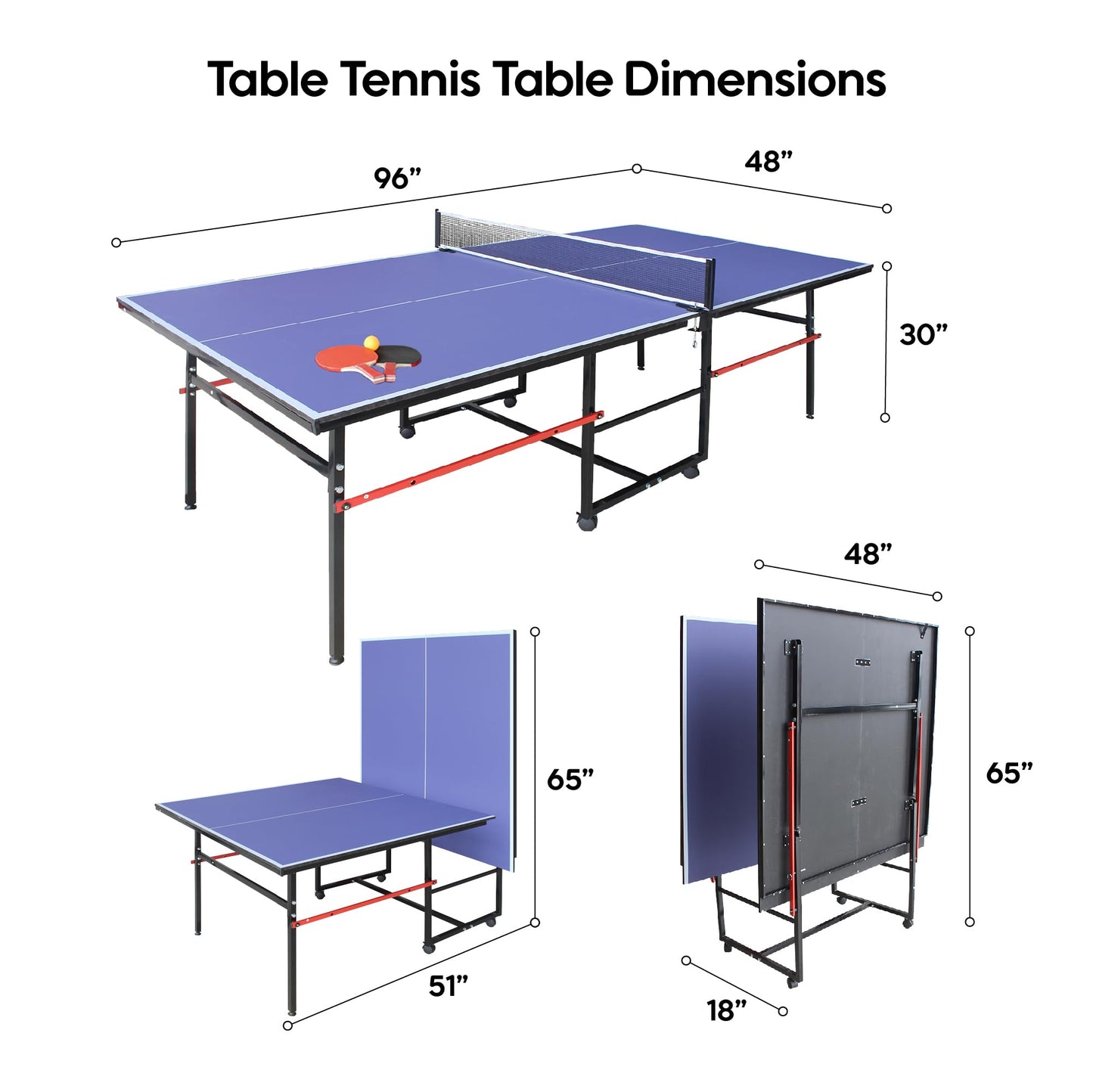 8FT Table Tennis Table with Net, Indoor/Outdoor Professional Ping Pong Table for Kids Adults, Folding Ping Pong Table, Complete Set with Paddles and Balls, School Playground Game Table (Blue)