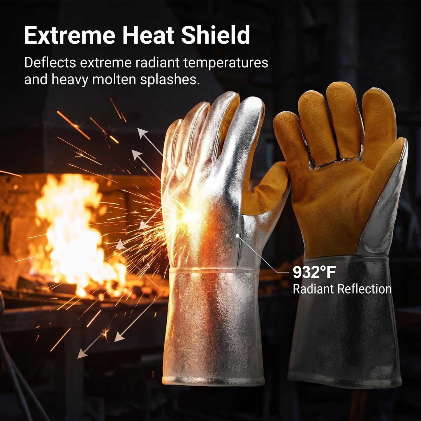 QWORK High Temperature Aluminized Welding Gloves, 14-Inch Heat Resistant Safety Workwear for Smelting & Metal Industries, 972°F Resistance